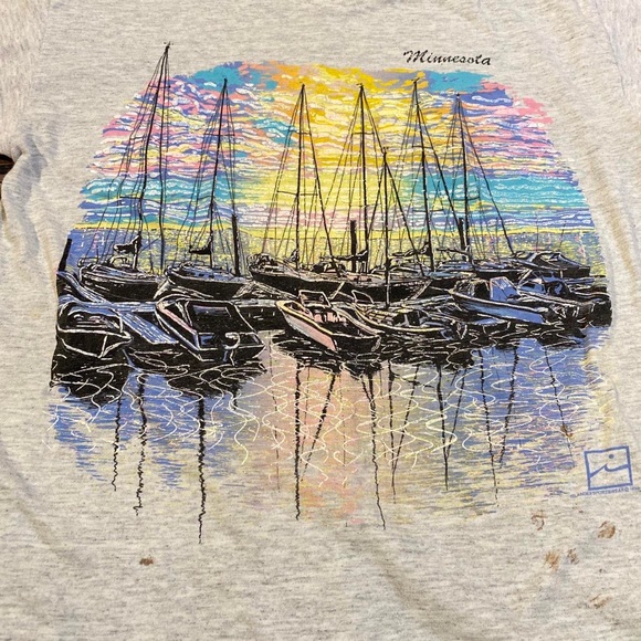 Vintage 90s Minnesota Lake Sunset Colorful T Shirt - Picture 5 of 8